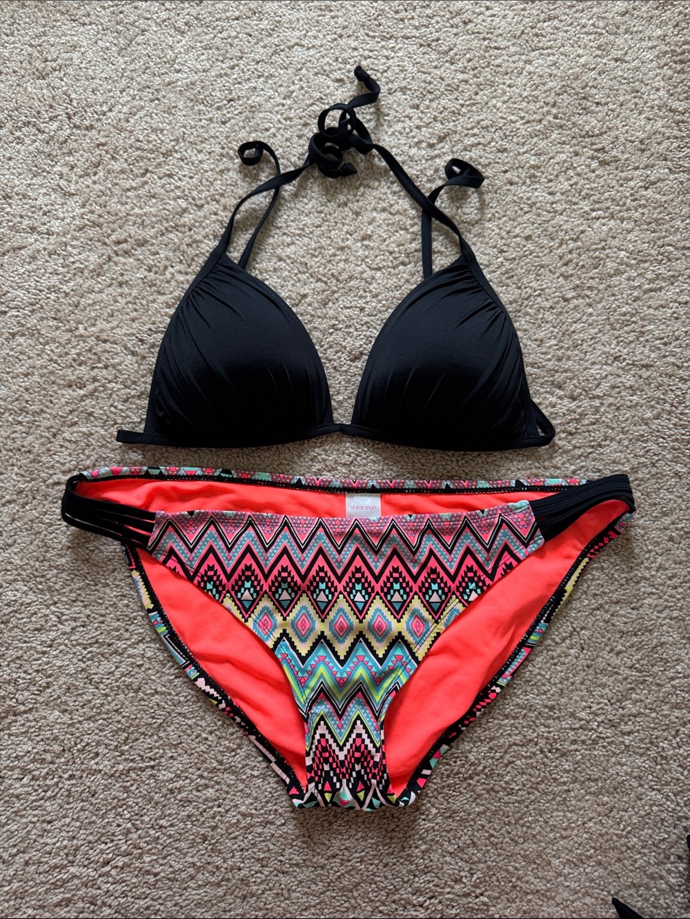 Black push up Halter Bikini Top with Coral Aztec Print Bottom